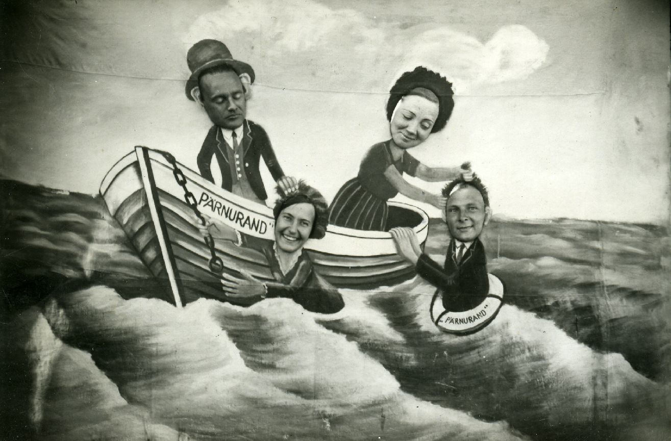Heiti Talvik, Virve Huik, Elsbet Parek and unknown boat "Pärnurand" at sea [photomontage]