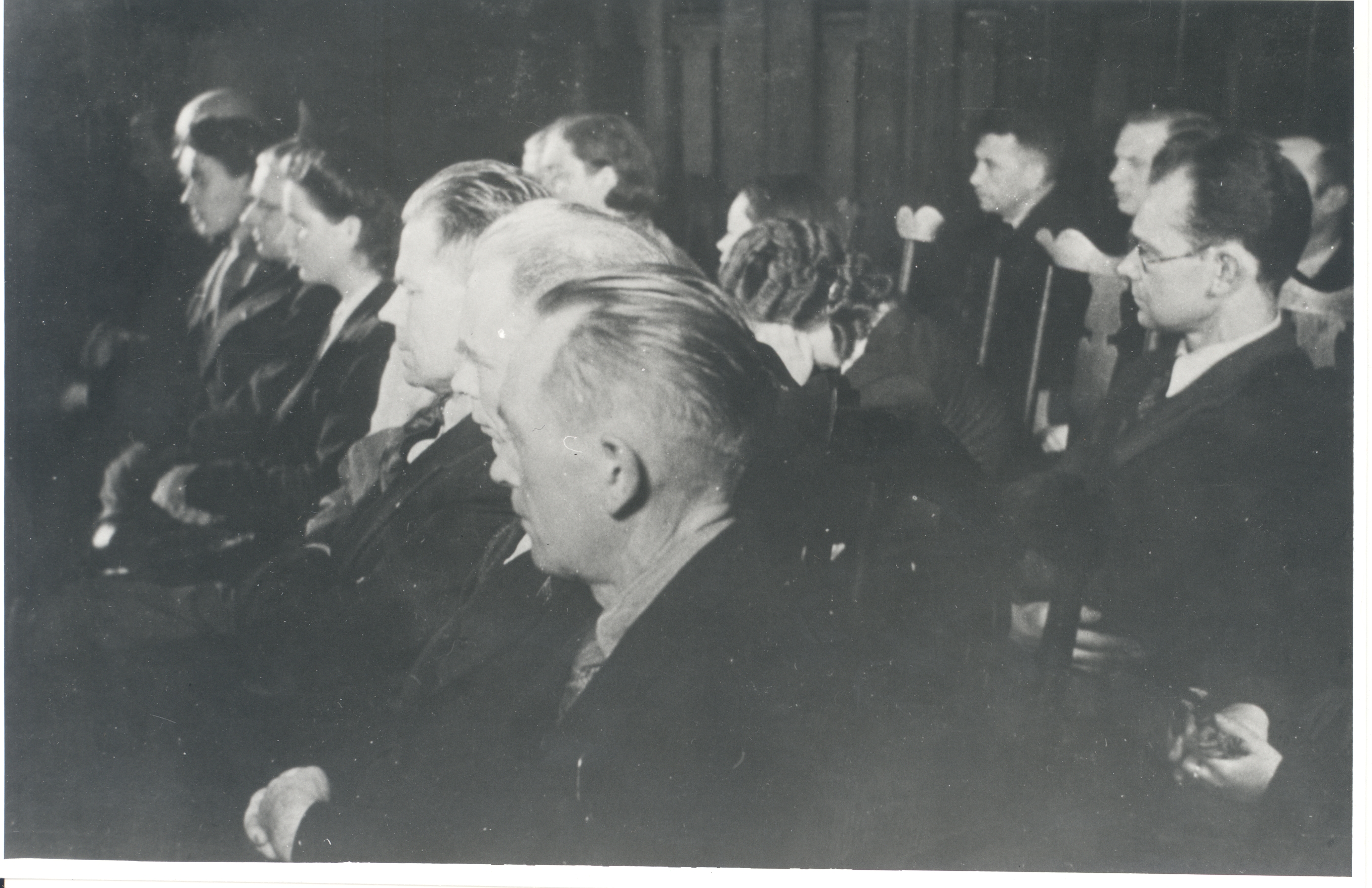 Establishment of the Estonian Association of Writers in 1943. I row from left: 2) Paul Kreedo, 3) Hans Kruus, 4) Erika Sõgel, 6) Debora Vaarandi, II row: 1) Karl Taev, 2) Liidia Toom, 3) Aira Weight, III row: 1) Johannes Semper, 2) Lembit Lüüs, 3) Mihkel Jürna