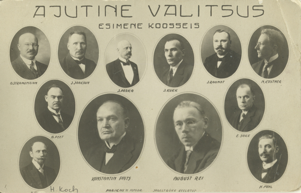 Ev Provisional Government, 1st of the composition: o. Strandmann, J. Jaakson, J. Poska, J. Kukk, J. Raamot, m. Kostner, a. Peet, a. Päts, a. Rei, e. Sokk, h. Pöhl, h. Koch