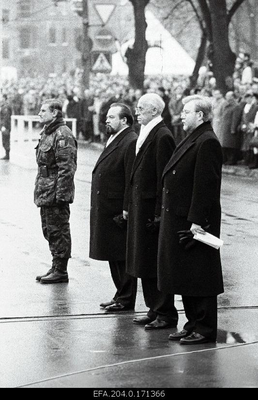 On the parade of the 75th anniversary of the Republic of Estonia in the Freedom Square. From the right: Prime Minister Mart Laar, President Lennart Meri, Chairman of the Riigikogu Ülo Nugis and Chief of Defence Forces Ants Laaneots.