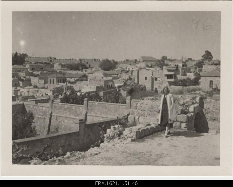 Woman [Eduard Virgo's wife Amanda?] On the wall of the old city of Jerusalem