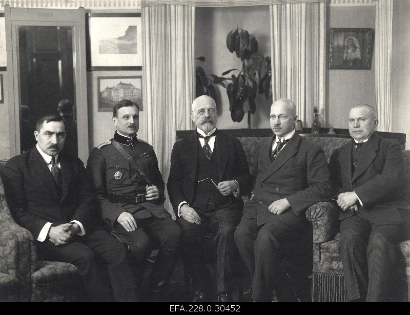 War of Liberty. Members of the delegation of the Republic of Estonia to the Tartu Peace Conference. From the left: Assistance of the Foreign Minister Ants Piip, Chief of Staff of the Army Chief General Major Jaan Soots, Head of Delegation, Minister of Foreign Affairs Jaan Poska, Assistance of the House Julius Seljamaa, Member of the House of Inhabitants Mait Püümann (Pyymets).