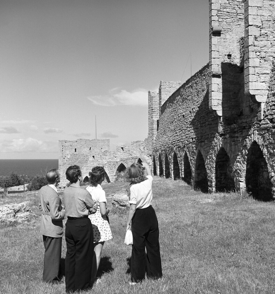 Tourists at Visby medieval city wall, Gotland, Sweden