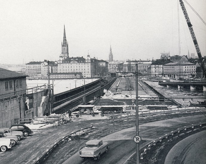 Centralbron 1958 - Centralbron i Stockholm under byggnad 1958