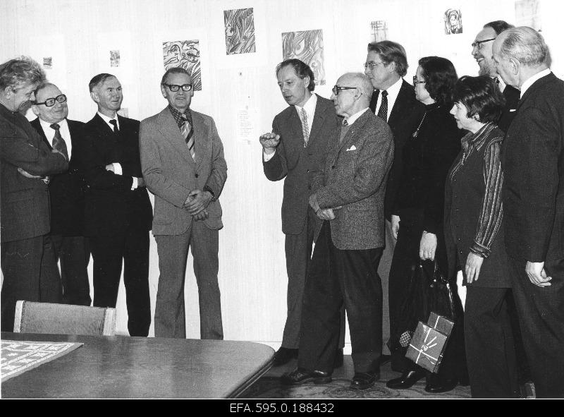 Artist and poet Sulev Tailo-Tiits (from left 5.) At the opening of the art exhibition in Stockholm at the Swedish Estonians Presentation; office manager Ahti Pae (4. ).