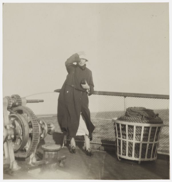 Woman traveling to Suursaare on the ship's deck - capable, black and white, photo area 9 x 8 cm