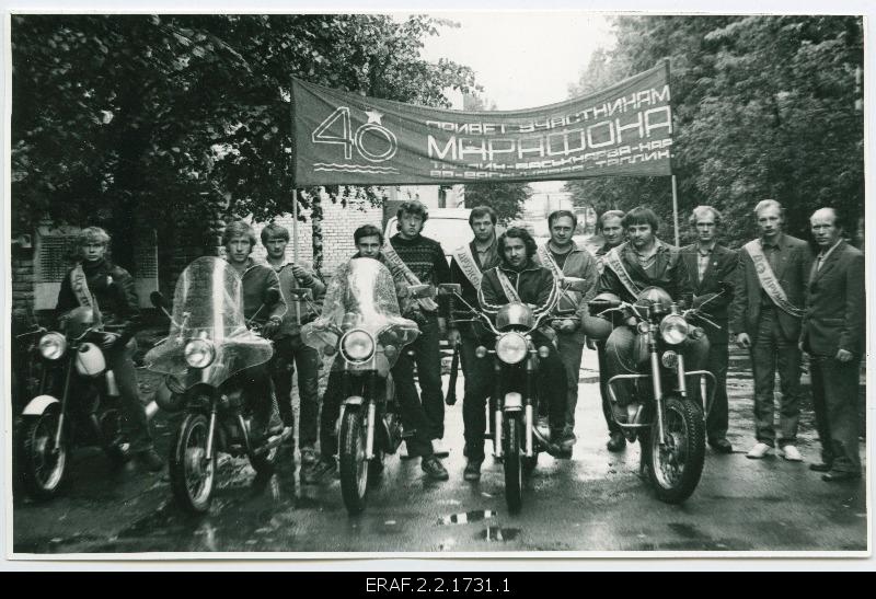 Factory Dvigatel motorcycle dedicated to the 40th anniversary of World War II Tallinn-Narva-Tallinn in June 1985. Group picture at the start of the road