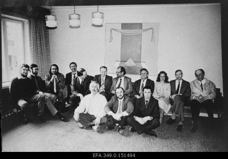 The new board of Estonian Writers' Union. Front row from left: Jaan Kaplinski, Rein Veidemann, Hando Runnel; rear row from left 1. Rein Iron, 2. Jaak Jõerüüt, 3. Paul-Eerik Rummo, 5. Ülo Tuuli, 6. Vladimir Beekman, 9. Page Hainsalu, 10. Brain Flash, 11. Jaan Kross.
