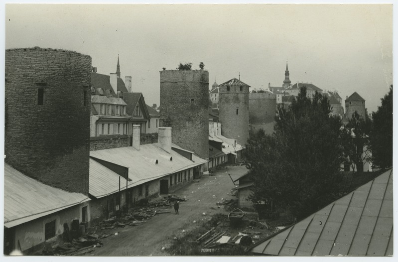 Tallinn, north-west city wall with towers, behind the right Toompea.