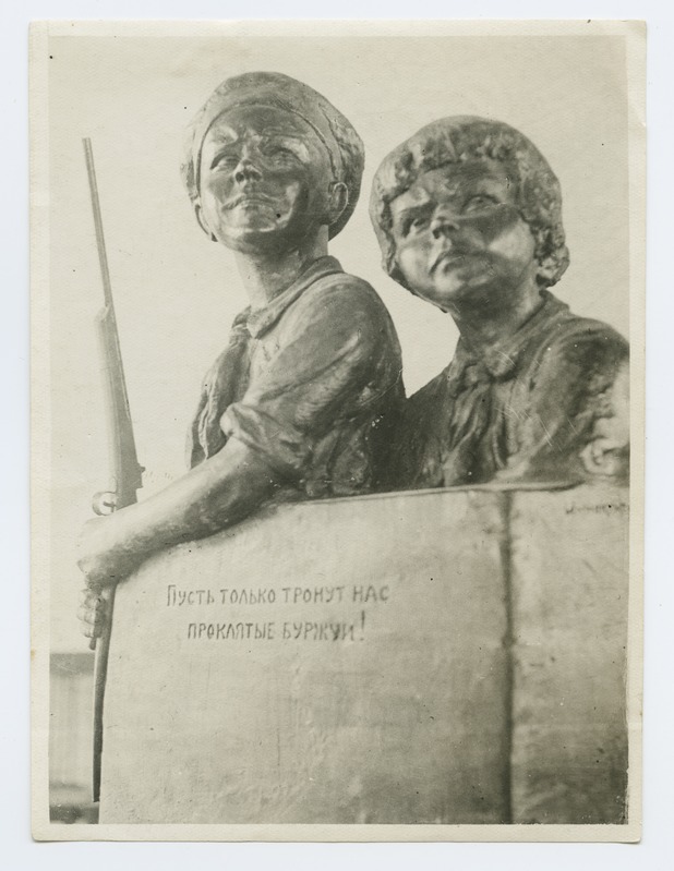 Agitation Composition - two pioneers and a boy with a gun, sculpture.