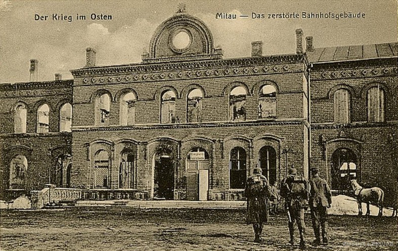 The war in the East. Mitau - The cracked railway station building, Jelgava. Damaged railway station building