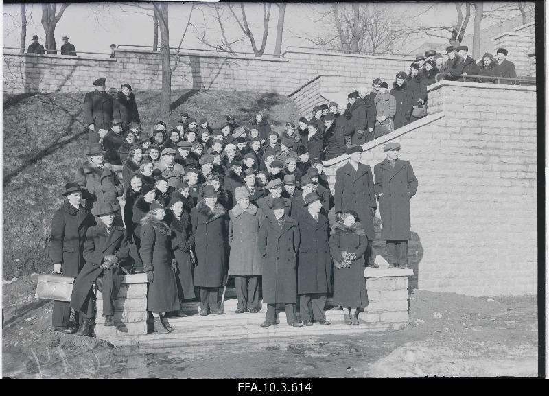 Participants from the tour on the stairs of Hirve Park.