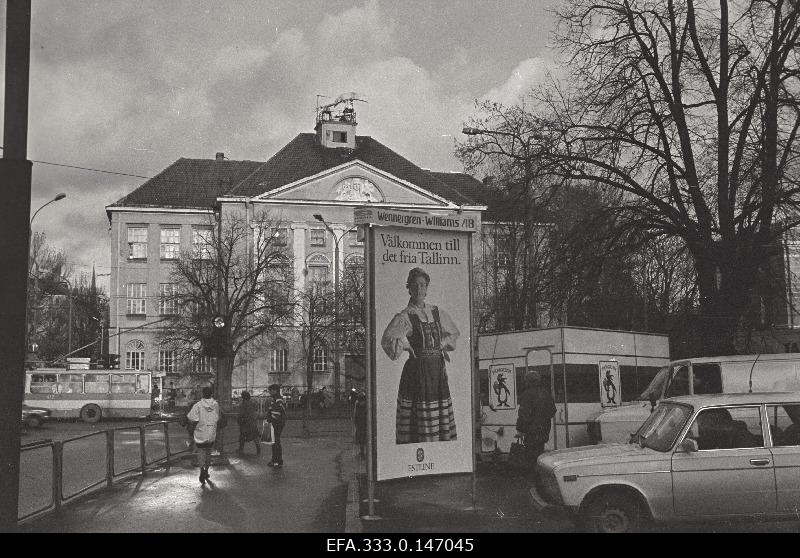 View of the Tallinn Maritime School. In front of the main front the advertising blank "Estline" with advertising.