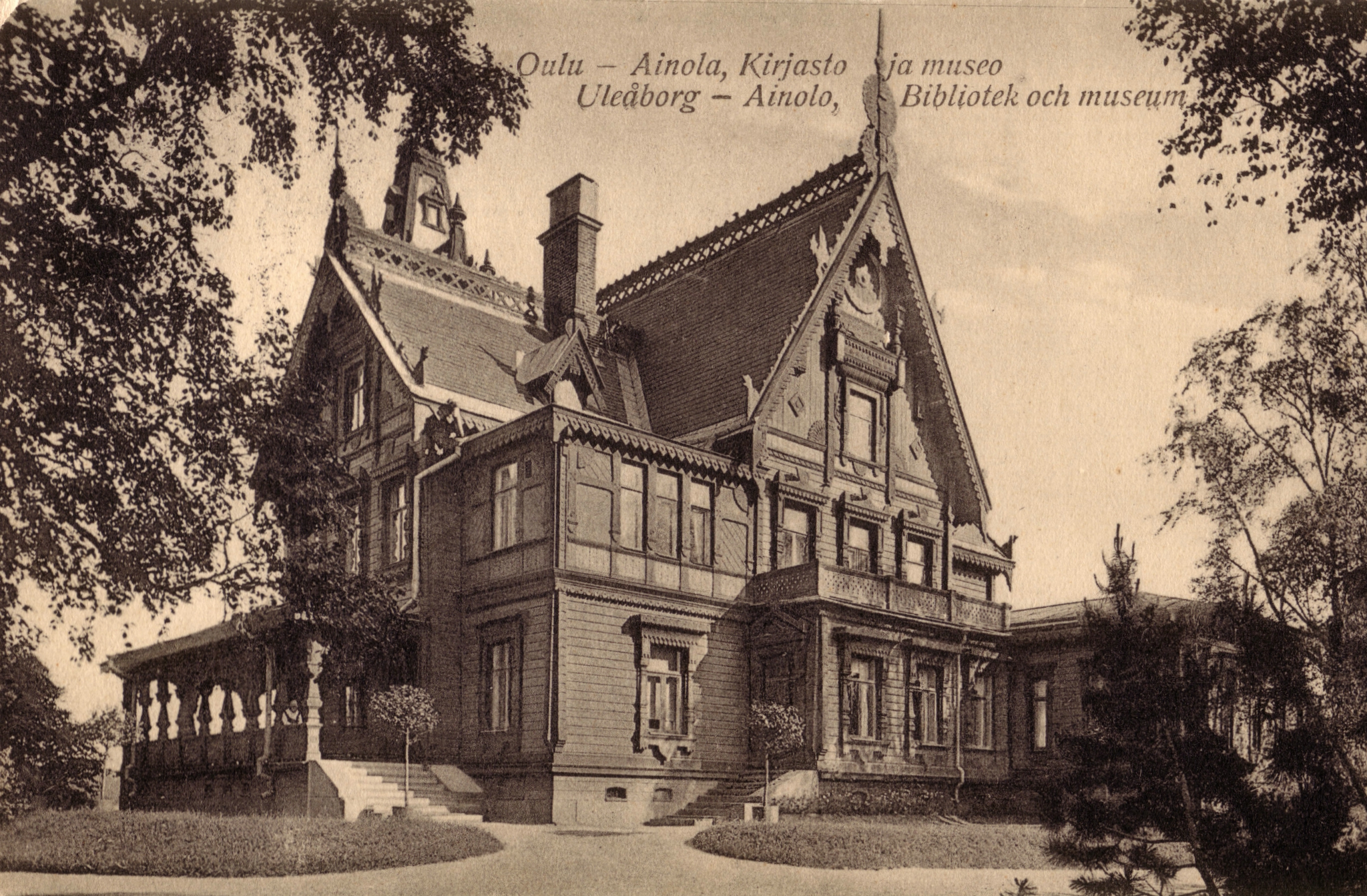 Ainola Museum Oulu pre 1929 - a postcard of Ainola museum and library. It was designed by Swedish architect J. e. Stenberg and completed in 1888. The building was destroyed in a fire in 1929.