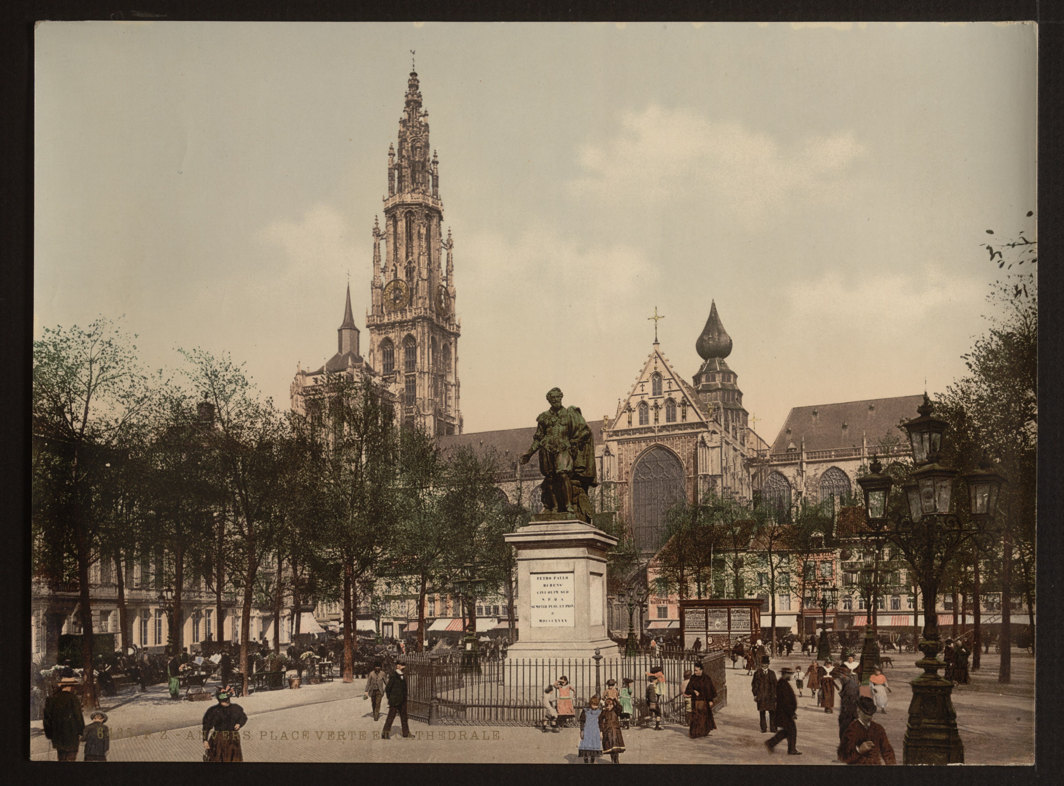 Antwerp Groenplaats, photochrom (unedited original) - Groenplaats (Green Square) in Antwerp (ca. 1890-1900). Foreground: statue of Peter Paul Rubens. Background: Cathedral of Our Lady.