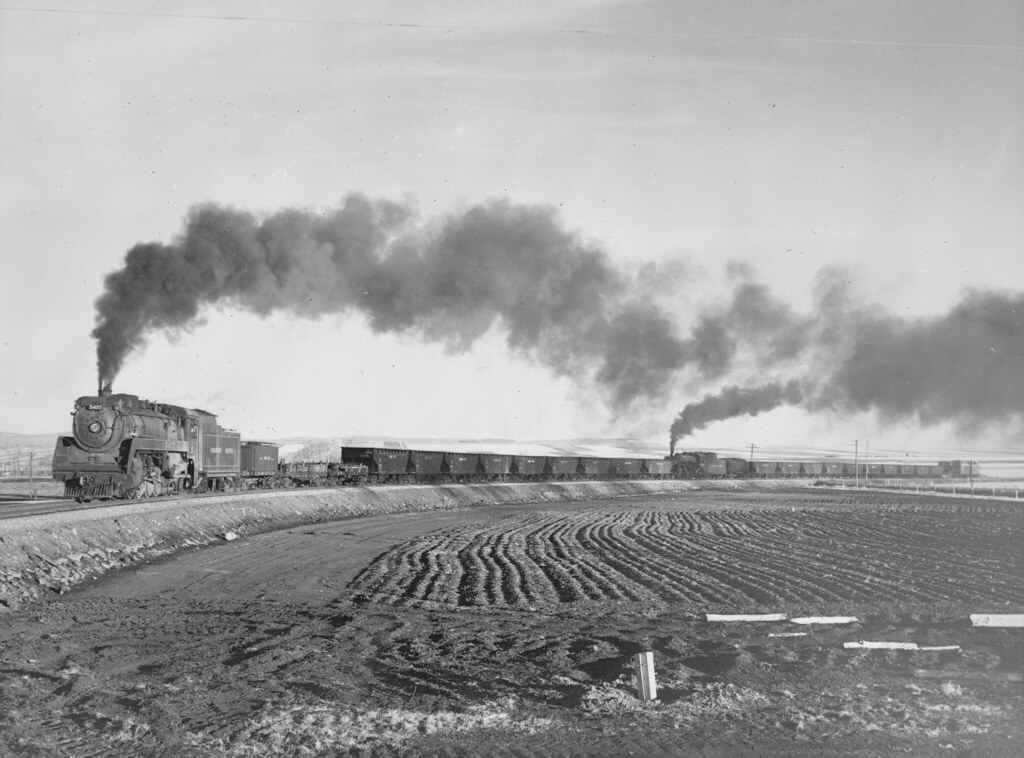Canadian Pacific Railway train with lead locomotive and mid-train locomotive, east of the Crowsnest Pass area, Alberta