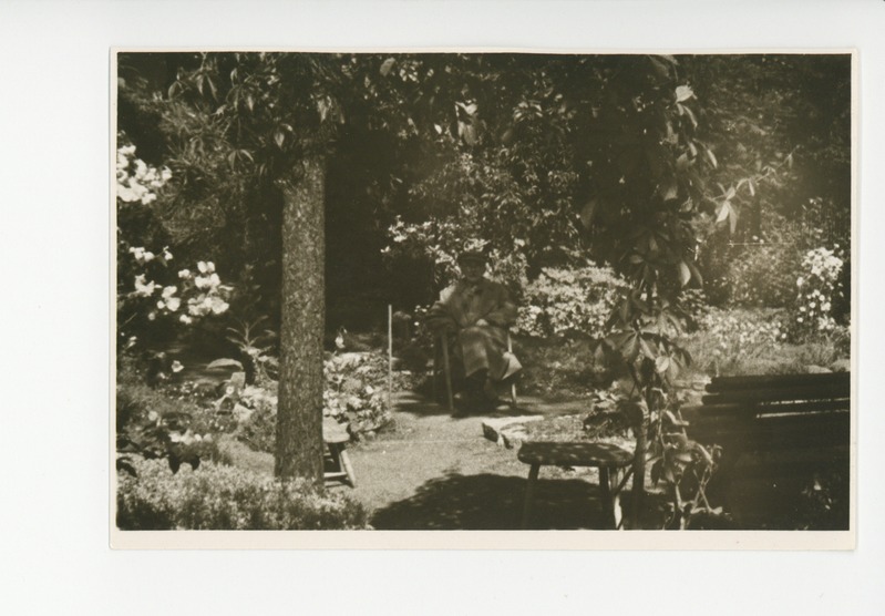Friedebert Tuglas pingil lõkke ääres istumas