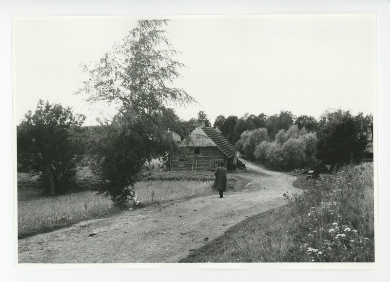 Friedebert Tuglas seljaga endise Tamme kõrtsihoone kõrval oleval teel, 08.1940