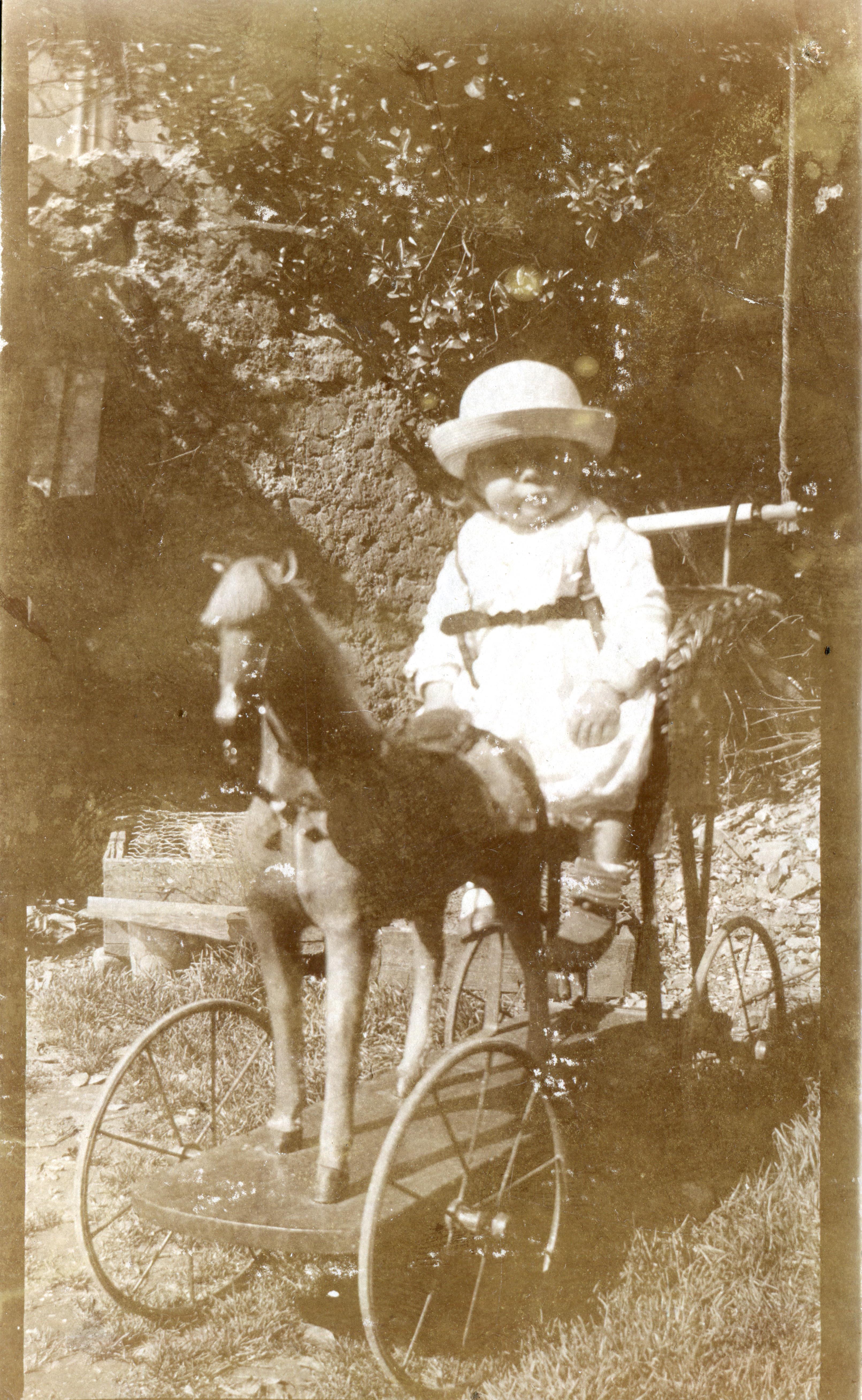 Child wearing a hat sitting on a horse pushchair