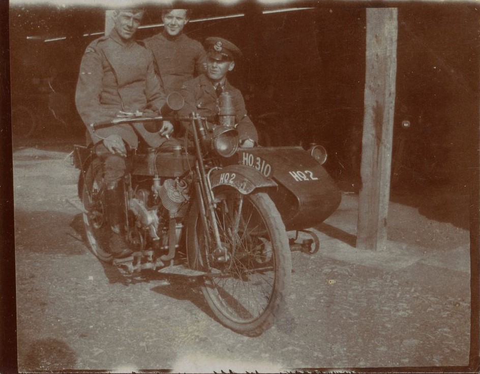 M.T. Sheds Beaulieu, June 1918. Motor cyclist orderly and S.M. Mills (Liet), June 1918