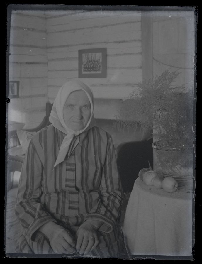 Vana naine, kõrval laud lillepoti ja õuntega, seljataga seinal maal.