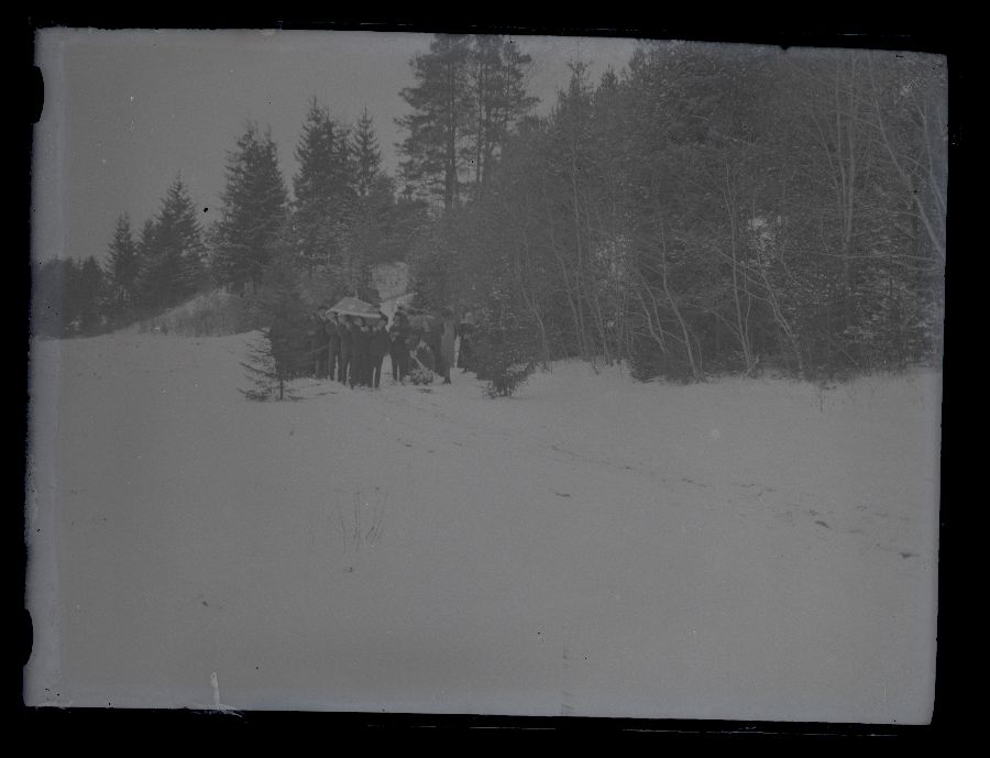 Matusefoto, matuserongkäik talvisel teel metsa ääres.