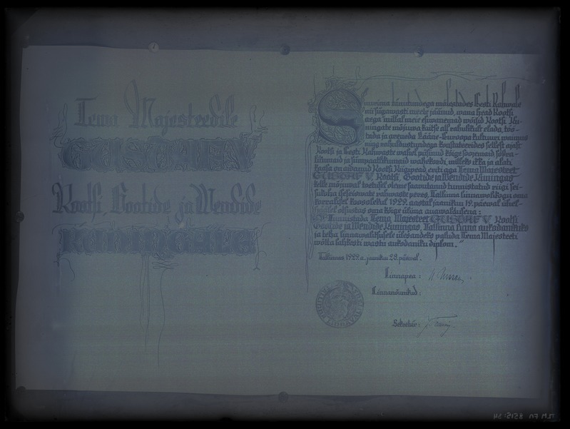 Fotokoopia dokumendist - Tallinna linnavalitsuse tänukiri Rootsi kuningale Gustav V-le, 28.06.1929.