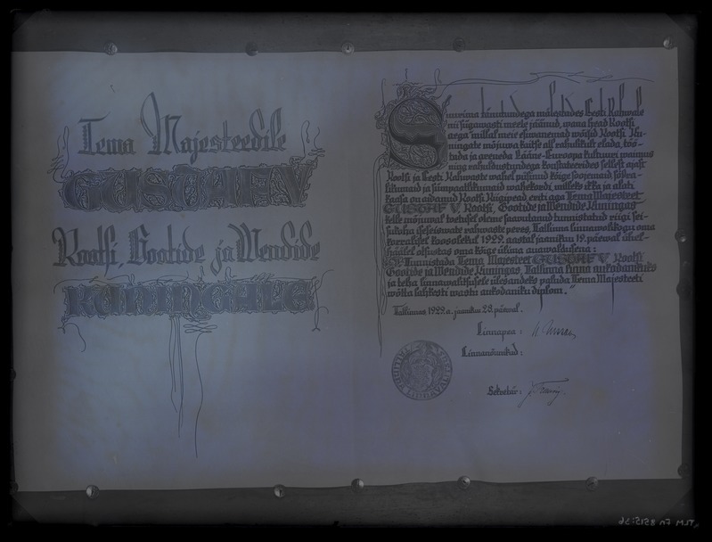 Fotokoopia dokumendist - Tallinna linnavalitsuse tänukiri Rootsi kuningale Gustav V-le, 28.06.1929.