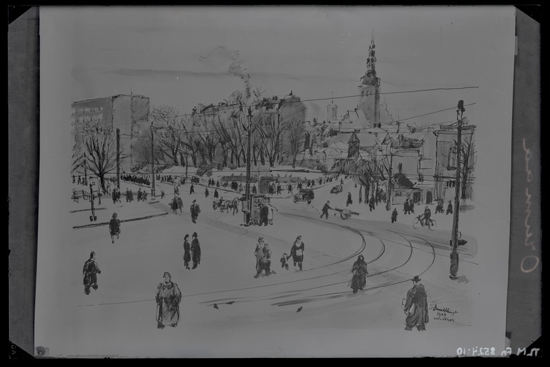 H. Orumaa "Viru väljak", koloreeritud sulejoonistus 1943. aastast.
