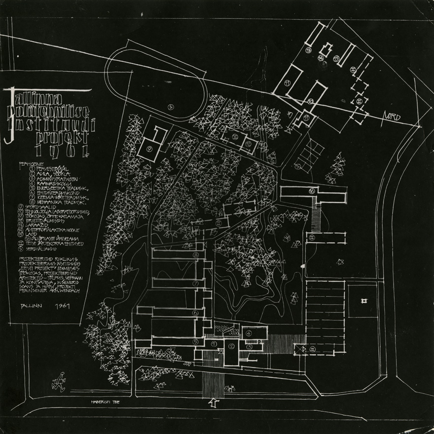 Tallinna Tehnikaülikooli peahoone projektifotod, asendiplaan, korruste plaanid, lõiked. Arhitektid Uno Tölpus, Henno Sepmann, Olga Kontšajeva