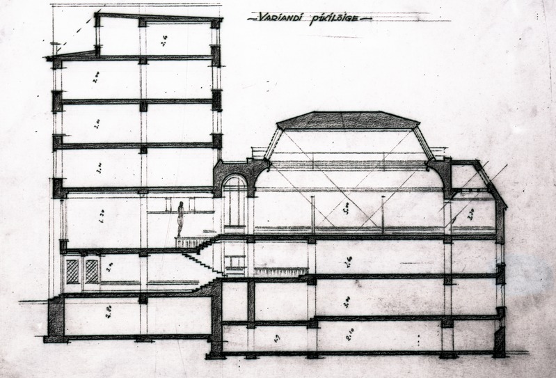 Tallinna Kunstihoone võistlustöö märgusõnaga "TAIE" - III preemia, projektifoto, variandi pikilõige. Arhitekt Karl Burman