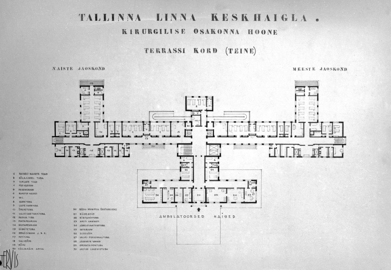 Tallinna linna keskhaigla võistlustöö "Tervis", kirurgilise osakonna hoone, terrassi (II) korruse plaan, projektifoto. Arhitekt Paula Delacherie-Ilves