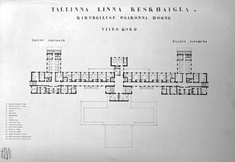 Tallinna linna keskhaigla võistlustöö "Tervis", kirurgilise osakonna hoone, V korruse plaan, projektifoto. Arhitekt Paula Delacherie-Ilves