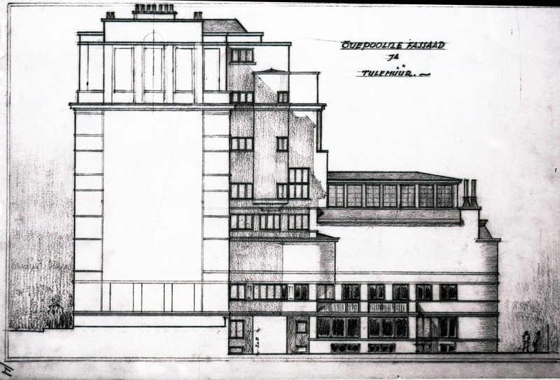 Tallinna Kunstihoone võistlustöö märgusõnaga "TAIE" - III preemia, projektifoto, õuepoolne fassaad, tulemüür. Arhitekt Karl Burman