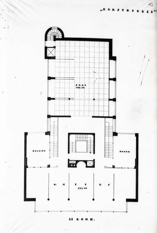 Tallinna Kunstihoone võistlustöö märgusõnaga "KUNSTNIKULE" - ostupreemia, projektifoto, II korruse plaan. Arhitekt Erich Jacoby