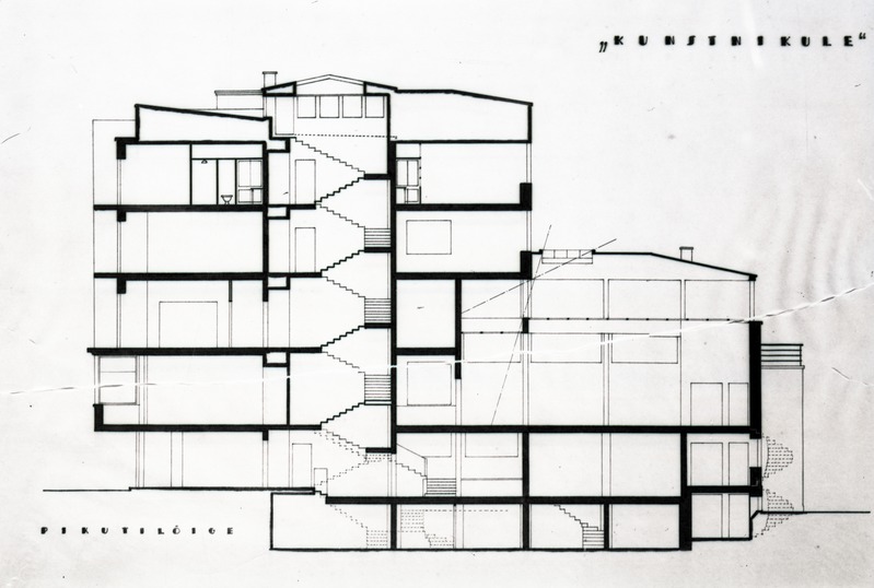 Tallinna Kunstihoone võistlustöö märgusõnaga "KUNSTNIKULE" - ostupreemia, projektifoto, pikilõige. Arhitekt Erich Jacoby