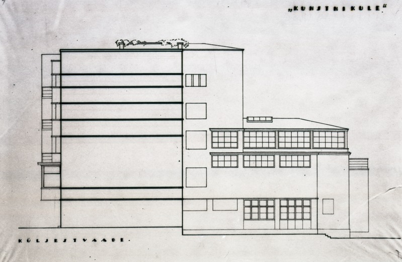 Tallinna Kunstihoone võistlustöö märgusõnaga "KUNSTNIKULE" - ostupreemia, projektifoto, külgvaade. Arhitekt Erich Jacoby
