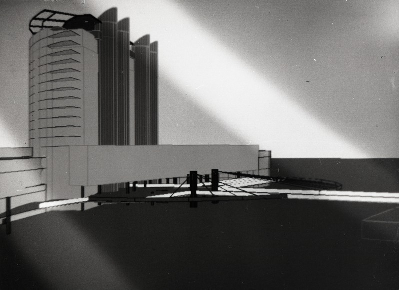 Hansapanga büroo- ja pangahoone võistlustöö; perspektiivvaade, projektifoto. Arhitektid Irina Raud, Tarmo Õkva, Meelis Nurm ja Marju Nurm