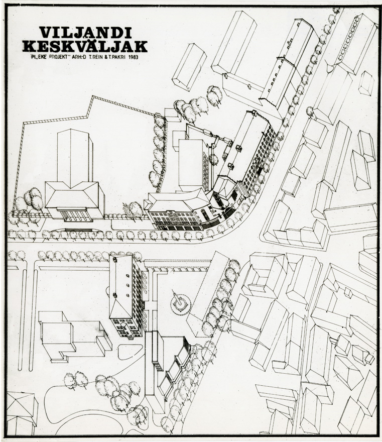 Viljandi keskväljak, projektifoto ja aksonomeetria. Arhitektid Toomas Rein ja Toomas Pakri