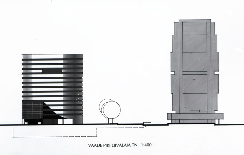 Hansapanga büroo- ja pangahoone võistlustöö; vaade piki Liivalaia tänavat. 1:400, projektifoto. Arhitektid Ülo Peil ja Emil Urbel
