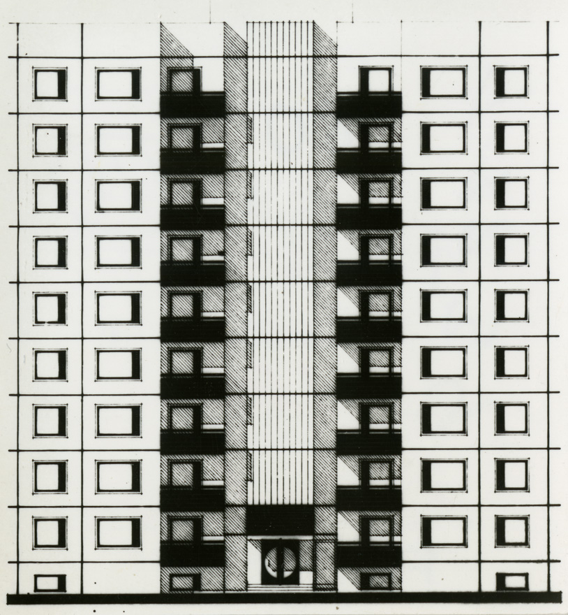 Tallinna EEK paneelelamu võistlusprojekt, elamuprojekti välisvaade. Arhitektid Toivo Kallas, Eili Kukkur, E. Jansen