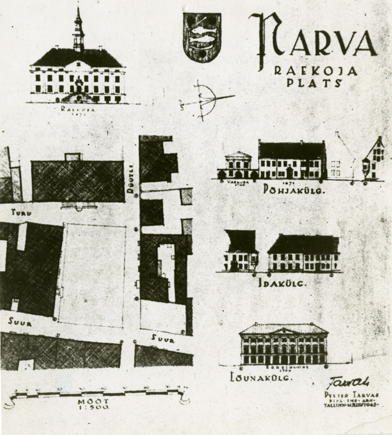 Narva Raekoja platsi projekt, plaanid ja lõiked. Arhitekt Peeter Tarvas