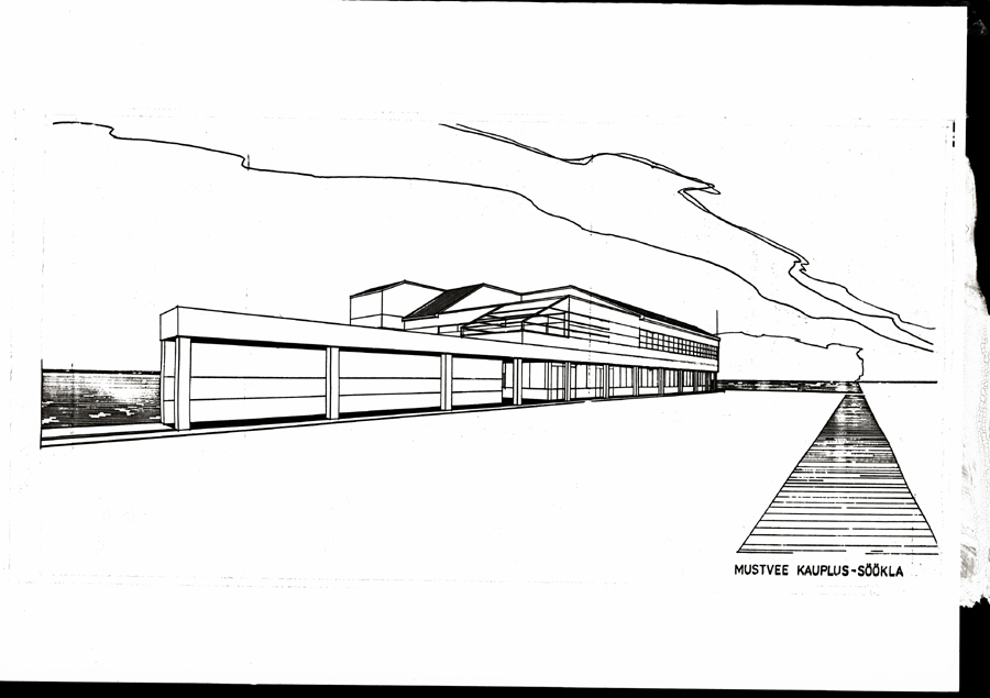 Kauplus-söökla Mustvees, perspektiivvaade. Arhitekt Jaan Ollik