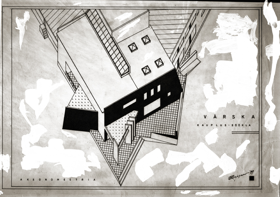 Räpina RTK Värska kauplus-söökla, aksonomeetria. Arhitekt Enn Rajasaar