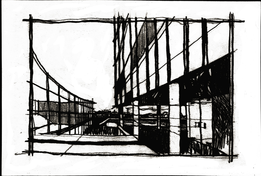 ETKVL õppe- ja tootmiskompleks (valminud osaliselt), interjööri perspektiivvaade. Arhitekt Koidu Lassmann