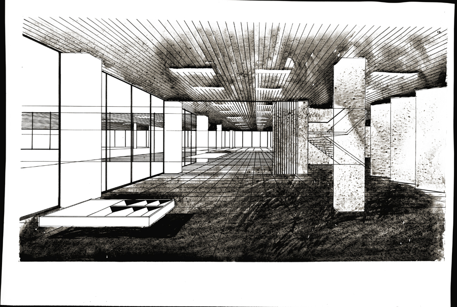 ETKVL õppe- ja tootmiskompleks (valminud osaliselt), interjööri perspektiivvaade. Arhitekt Koidu Lassmann