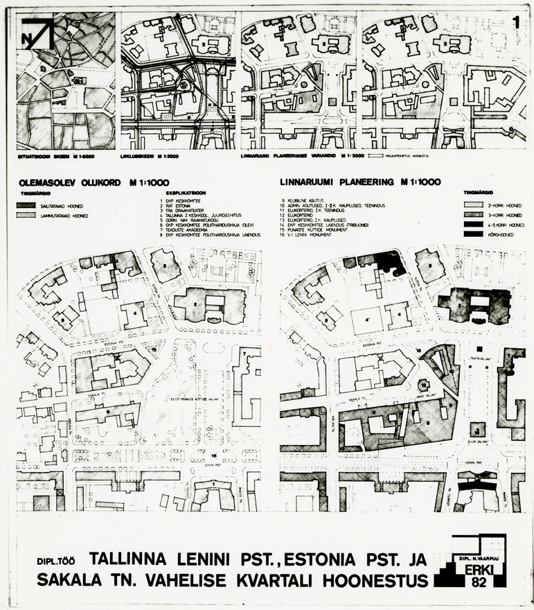 Tallinna Lenini pst, Estonia pst ja Sakala tn Vahelise kvartali hoonestus, ERKI diplomitöö, foto planeeringust. Arhitekt Neeme Vaarpuu