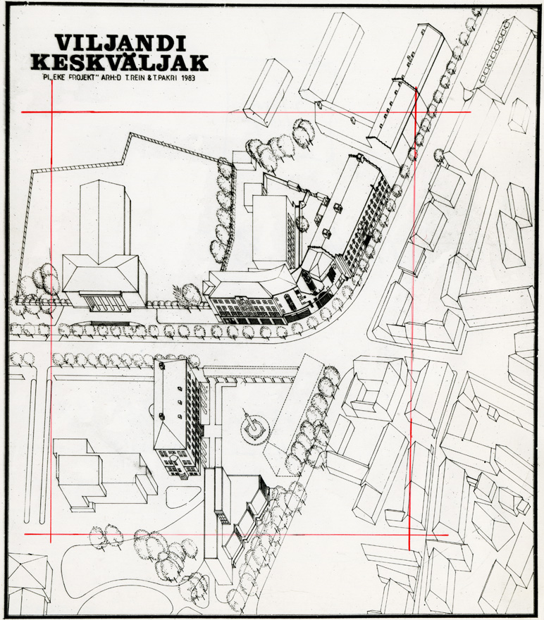 Viljandi keskväljaku projekt (Viljandi rajooni keskhoiukassa projekt), foto aksonomeetriast. Arhitektid Toomas Rein, Toomas Pakri