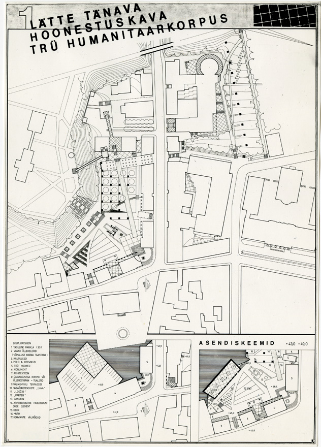 Lätte tänava hoonestuskava, TRÜ Humanitaarkorpus, projekt "Poeet ja idioot", asendiplaan, asendiskeemid. Arhitekt Tiit Trummal