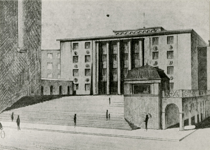 Tallinna Raekoja konkursi võistlustöö, 1929, perspektiivvaade. Arhitekt Herbert Johanson